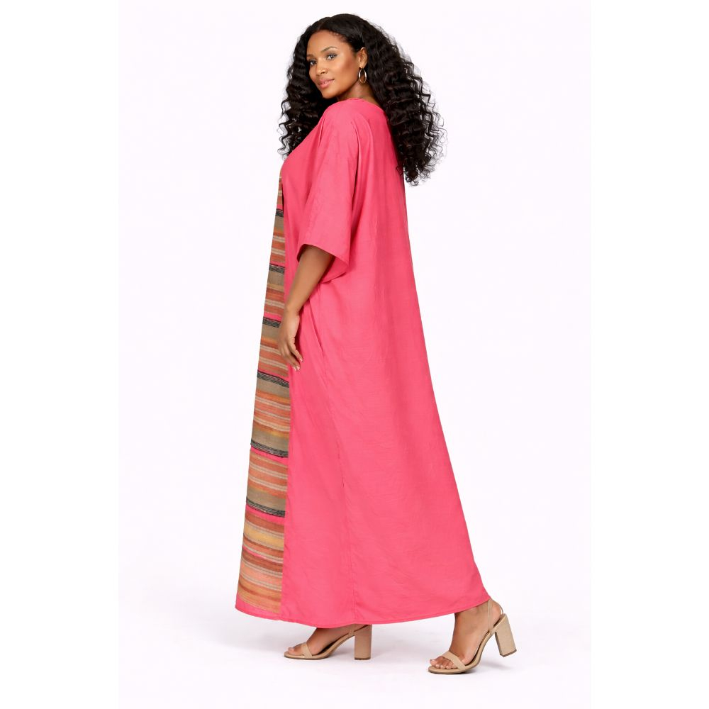 Coral Pink V Neck Kaftan Dress with Striped Patchwork